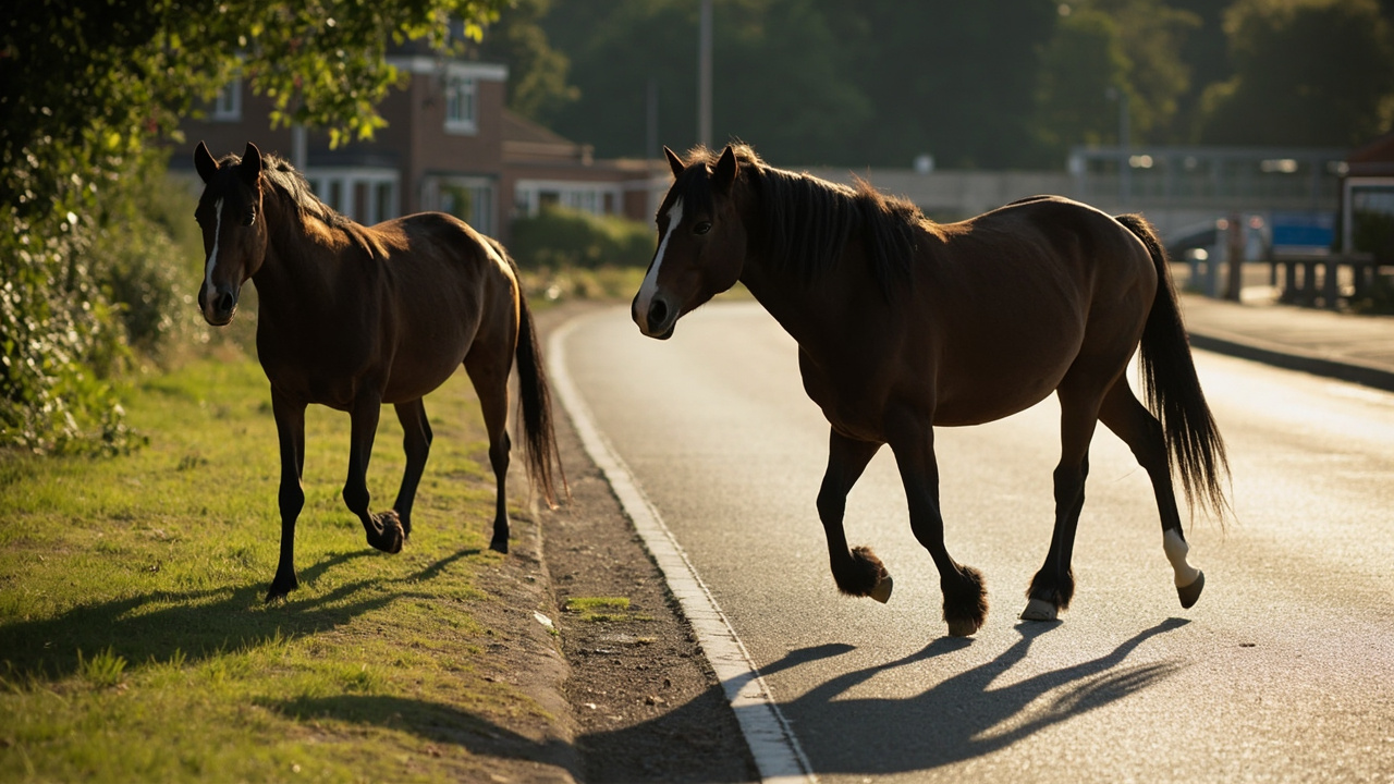 Drivers warned as loose horses found wandering close to traffic roundabout